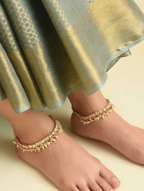 Square Kundan and Pearl Anklet