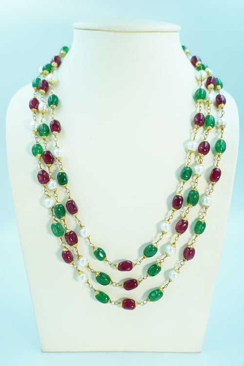 Traditional Triple Line Red and Green Quartz Necklace