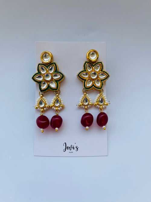 Kundan Flower and Red Quartz Danglers