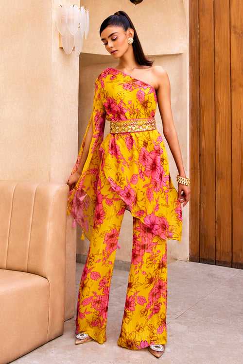 Yellow Floral Print One Shoulder Kurta and Pants Set