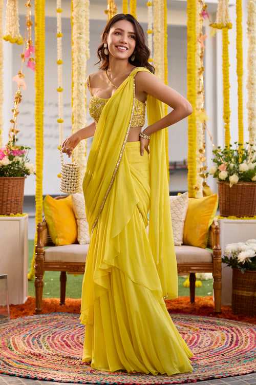 Sunshine Yellow Pre-Draped Saree