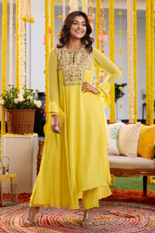 Sunshine Yellow Asymmetric Kurta With Pants Set