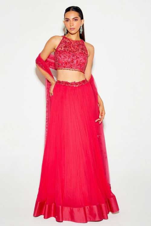 HOT PINK TONAL BLOUSE AND PLEATED LEHENGA SET