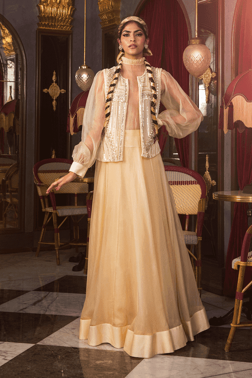 Ivory Victorian Blouse and Embroidered Open Jacket with Lehenga Set