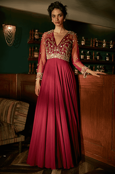 Burgundy Gown With Attached Dupatta