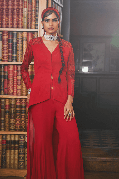 Red Embroidered Asymmetric Top with Flared Pants Set