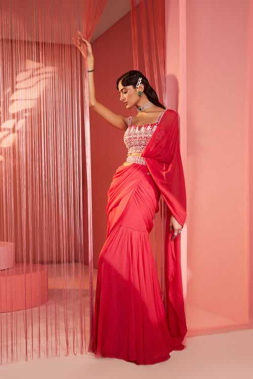 Coral Red Pre-Stitched Saree Blouse and Belt