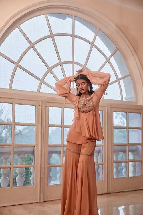 Rose Gold Short Ruffle Kurta with Biased Pants Set