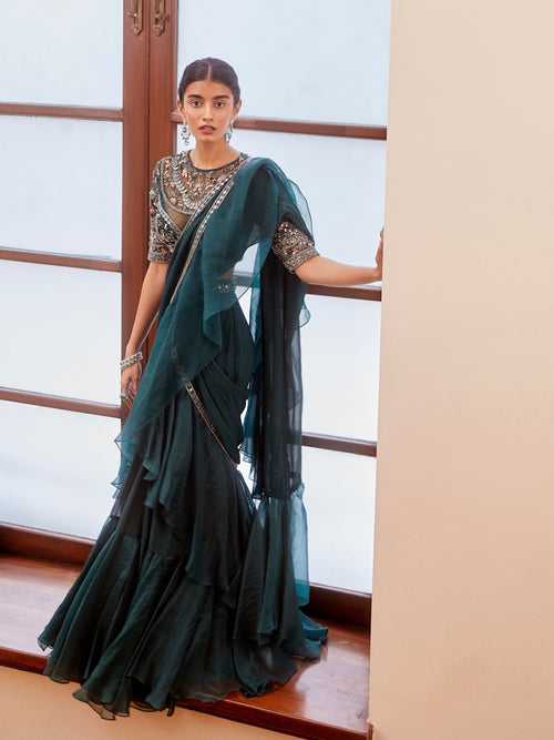 Teal Green Mirrorwork Blouse and Ruffle Saree