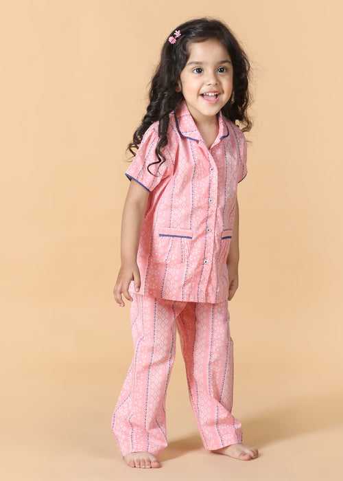 Diamond Stripe Pink Half Sleeves Cotton Girl's Nightsuit (1-12 Yrs)