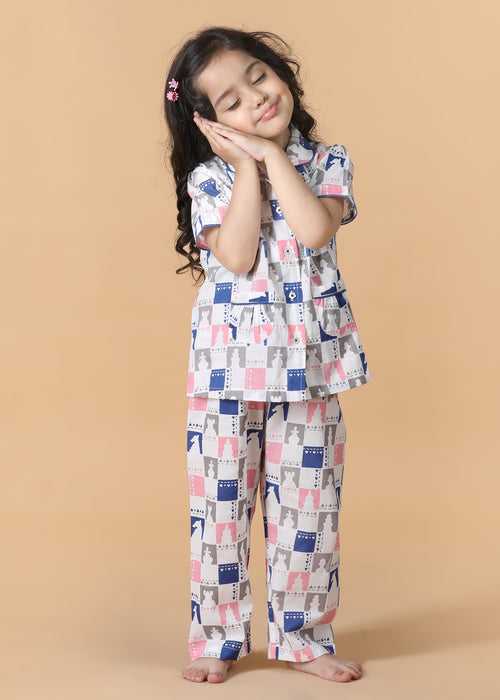 Chessboard Pink Half Sleeves Cotton Girl's Nightsuit (1-12 Yrs)