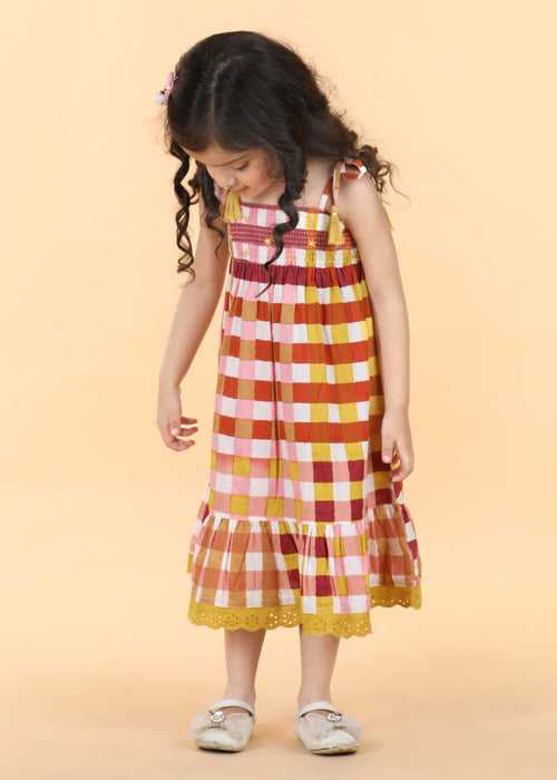 Gingham Mocha Cotton Sunflower Dress Girls (6 Months -12 Yrs)