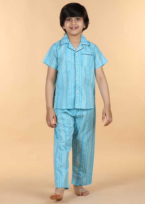 Diamond Stripe Blue Half Sleeves Cotton Unisex Nightsuit (1-12 Yrs)