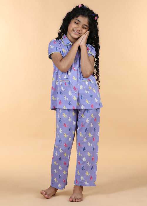 Wise Monkey Lilac Half Sleeves Cotton Girl's Nightsuit (1-12 Yrs)