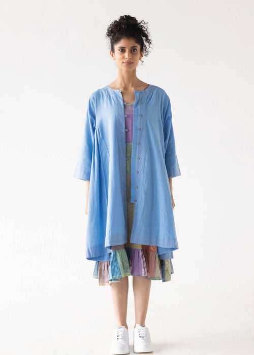 Blue Multi Loose Cotton Over-Lay Dress with Slip