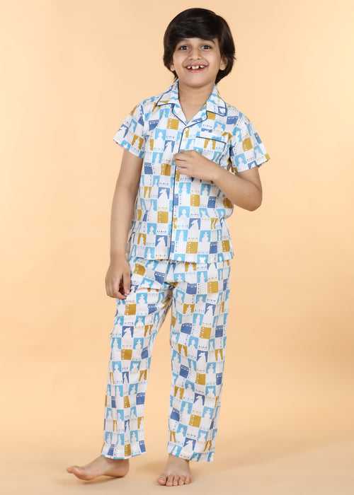 Chessboard Blue Green Half Sleeves Cotton Unisex Nightsuit (1-12 Yrs)