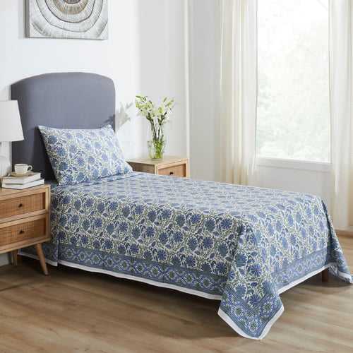 Floral Harmony Blue & Green Hand Block Printed Medium Cotton Bedcover