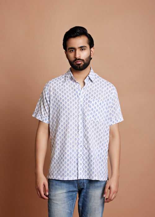 White & Moonlight Blue Regular Cotton Half Sleeve Shirt