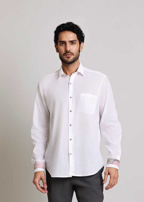White Regular Cotton Hazel Stripes Print Full Sleeve Shirt