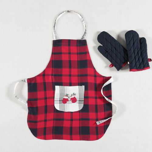 Checks Red/White Embroidered Kids One Size (4-9 Years) Apron & Gloves Set