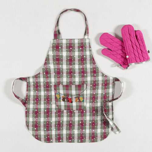 Checks Green/Purple Embroidered Kids One Size (4-9 Years) Apron & Gloves Set