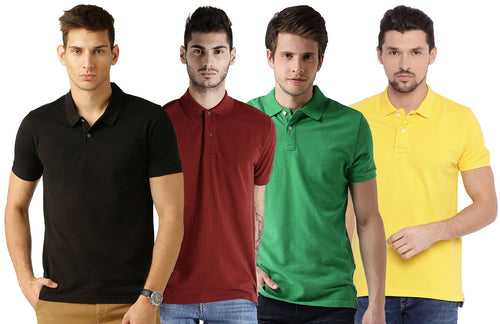 Men's Multicoloured Cotton Blend Solid Polos T-Shirt (Pack Of 4)