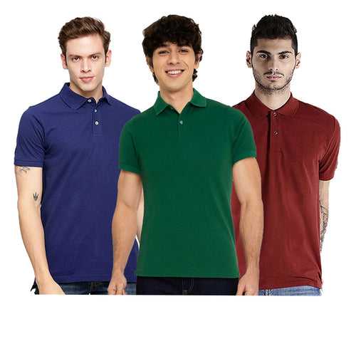 Men's Multicoloured Cotton Blend Solid Polos - Pack of 3 Polo T-shirts