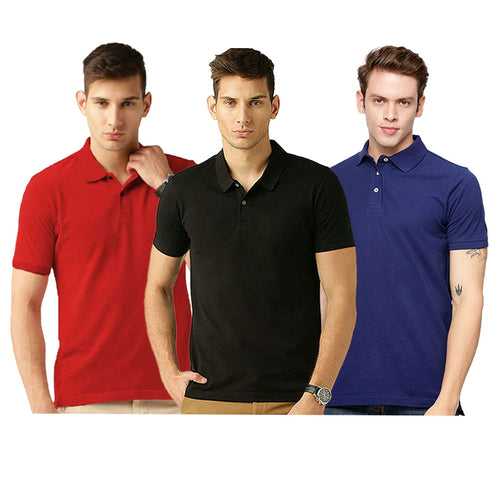 Men's Multicoloured Cotton Blend Solid Polos - Pack of 3 Polo T-shirts