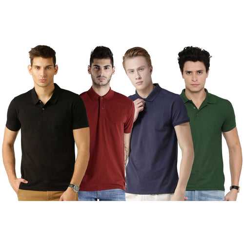 Men's Multicoloured Cotton Blend Solid Polos T-Shirt (Pack Of 4)