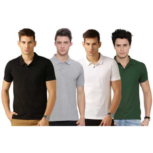 Men's Multicoloured Cotton Blend Solid Polos T-Shirt (Pack Of 4)