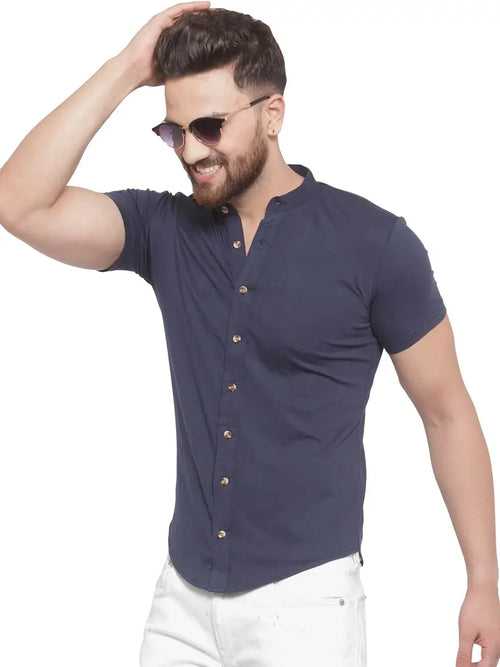 Solid Blue Mandarin Collar Half Sleeve Casual Shirt