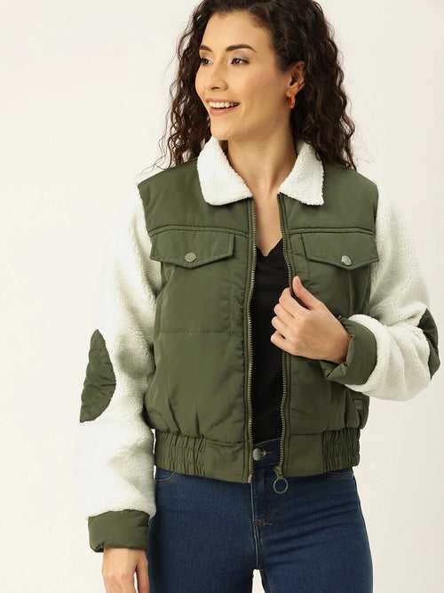 Olive Green Solid Puffer Jacket