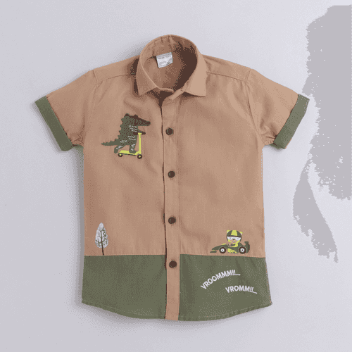 Polka Tots Dinosaur Print H/S Shirt - Brown