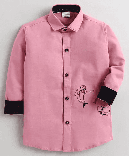 Polka Tots Full Sleeve Dolphin Embroidery Shirt - Pink