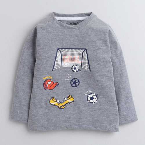 Polka Tots Full Sleeve Football Print T-shirt - Grey