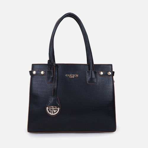 Women's Black Textured Structured Handheld Bag