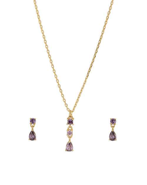 18Kt Gold Plated With Dangling Solitaire Amethyst Cz Studded Necklace With Earring Set For Women