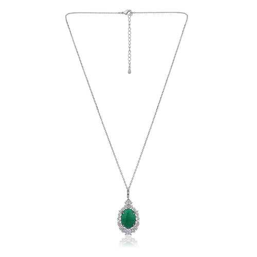Carlton London Women'S Premium Silver & Green Toned Cubic Zirconia Studded Rhodium-Plated Oval Pendant With Chain Fjn4157