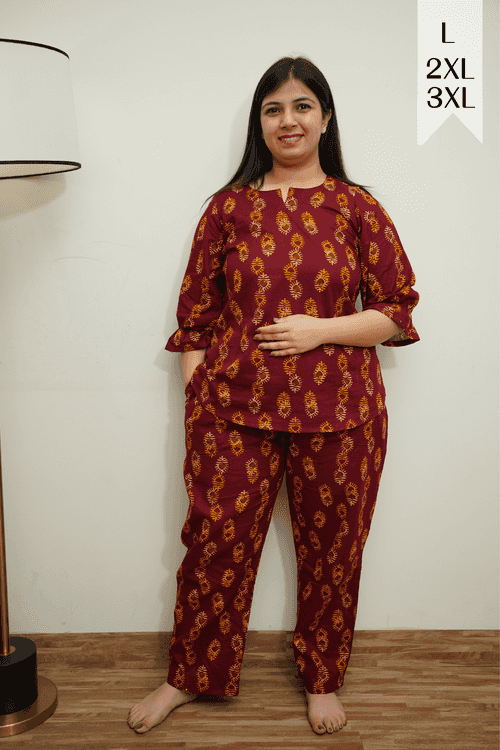 Maroon Petal Cotton Night Suit