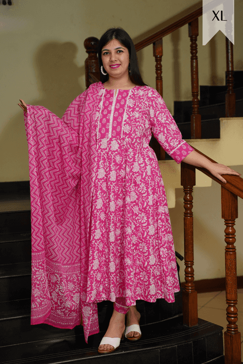 Pink Block Printed Floral Anarkali Set