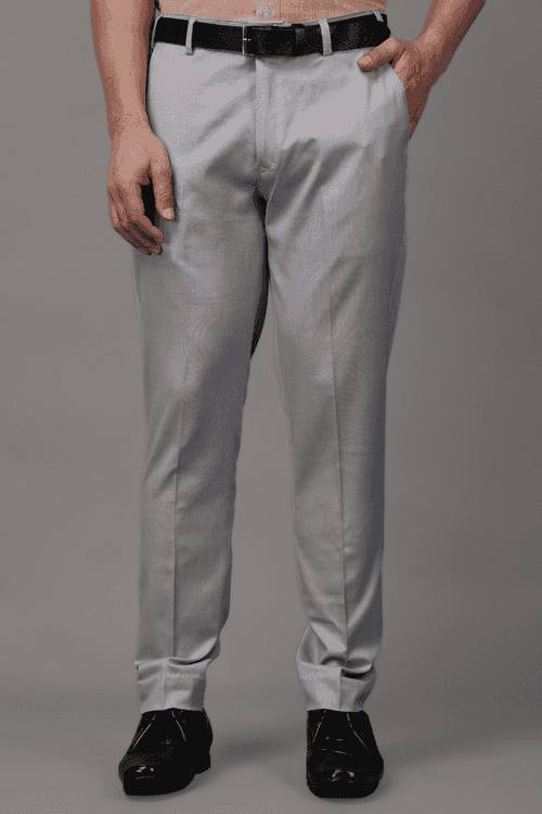 Solid Grey Stretch Textured Trousers
