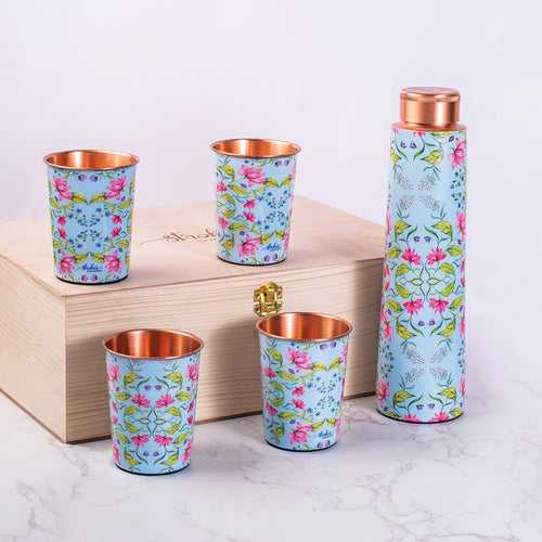 Summer Florescence Light Blue Copper Bottle and Tumblers - Gift Set