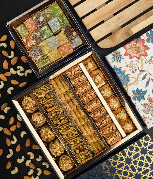 Assorted Baklava Box (750gm) and Turkish Delight (500gm) with Ribbon Packaging