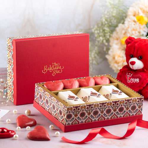 Love Box with Flavoured Nuts and Chocolates With Ribbon Packaging