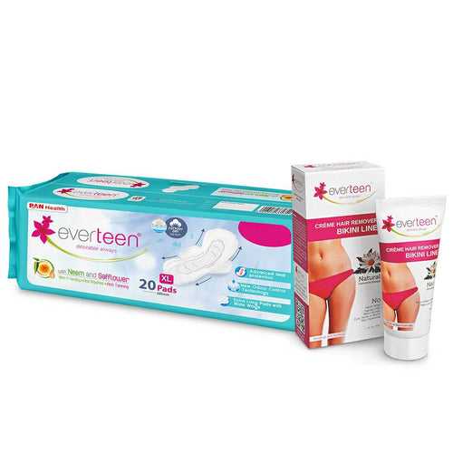 everteen Combo Bikini Line Hair Remover Creme 50g & XL Dry Sanitary Napkin Pads with Neem and Safflower - (20 Pads, 280mm)
