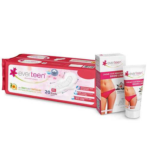everteen Combo: Bikini Line Hair Remover Creme (50g) & XL Soft Sanitary Napkin Pads with Neem and Safflower (20 Pads, 280mm)