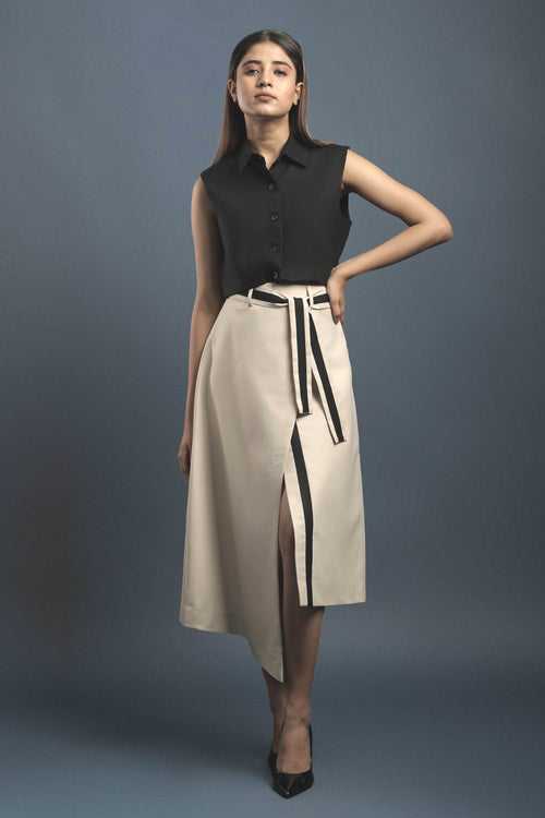 Black Crop Shirt &  Beige Overlapped Skirt Combo