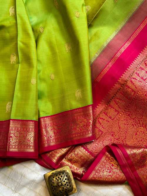 Parrot green with pink / kanjipuram silk