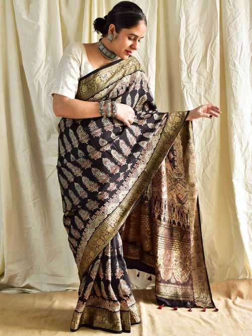 Mehjabeen - Ajrakh hand block printed Dola Silk zari border Saree