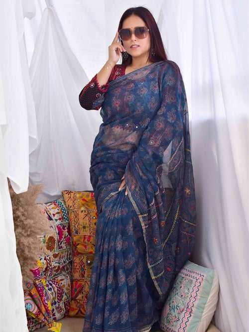 trishna - Ajrakh kota Doria embroidered saree